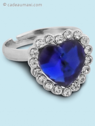  Bague fantaisie couleur argentée avec un cœur bleu foncé 